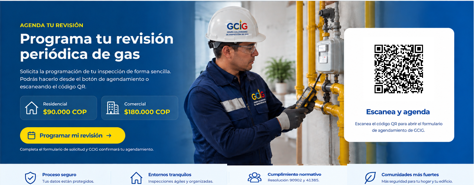 Agenda tu revisión periódica de gas con GCIG. Tarifas residencial y comercial, inspector GCIG y código QR de agendamiento.